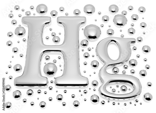 Small mercury (Hg) metal sign with small drops