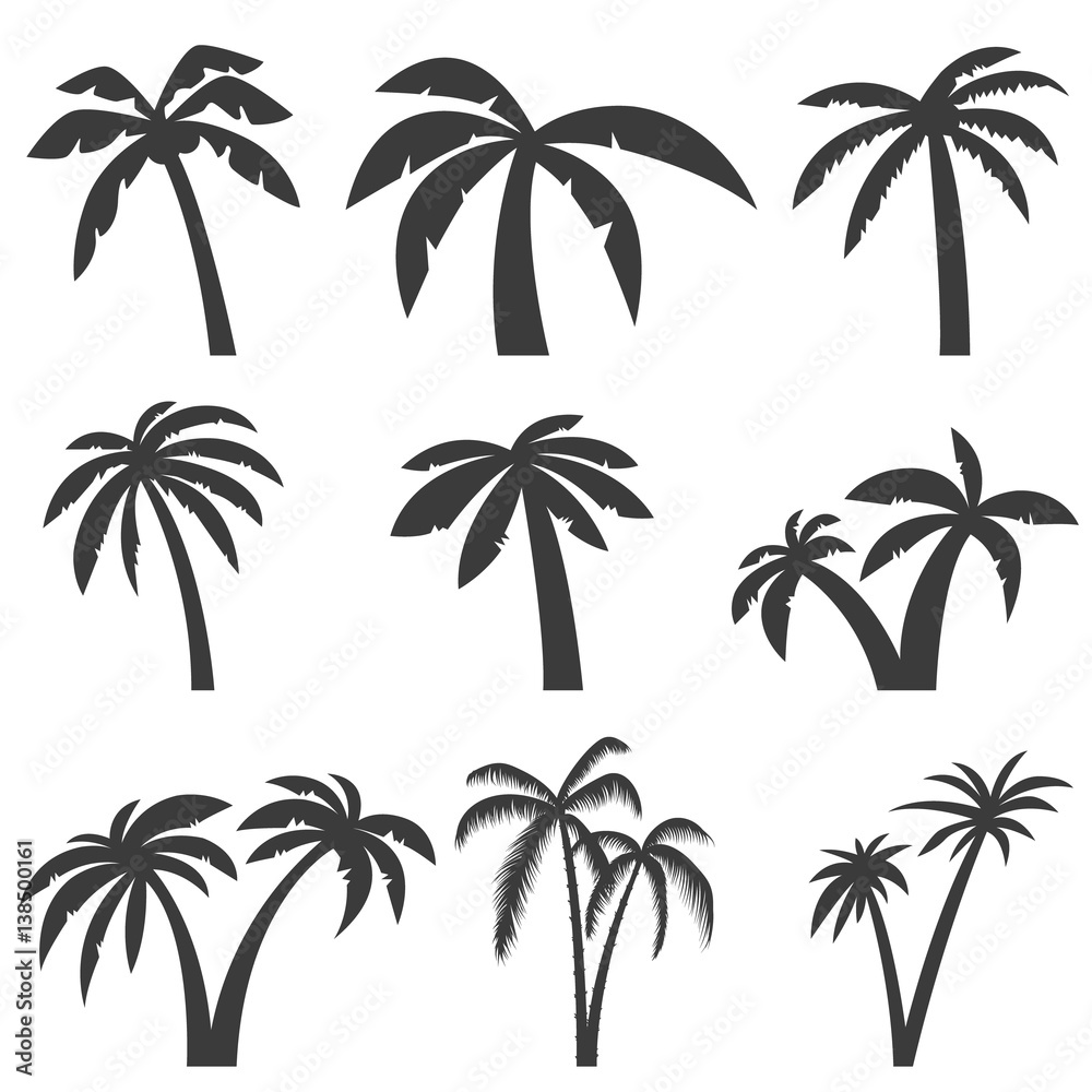 Set of palm tree icons isolated on white background. Design elements for logo, label, emblem, sign, menu. Vector illustration. Set of palm tree icons isolated on white background. Design elements for logo, label, emblem, sign, menu. Vector illustration.