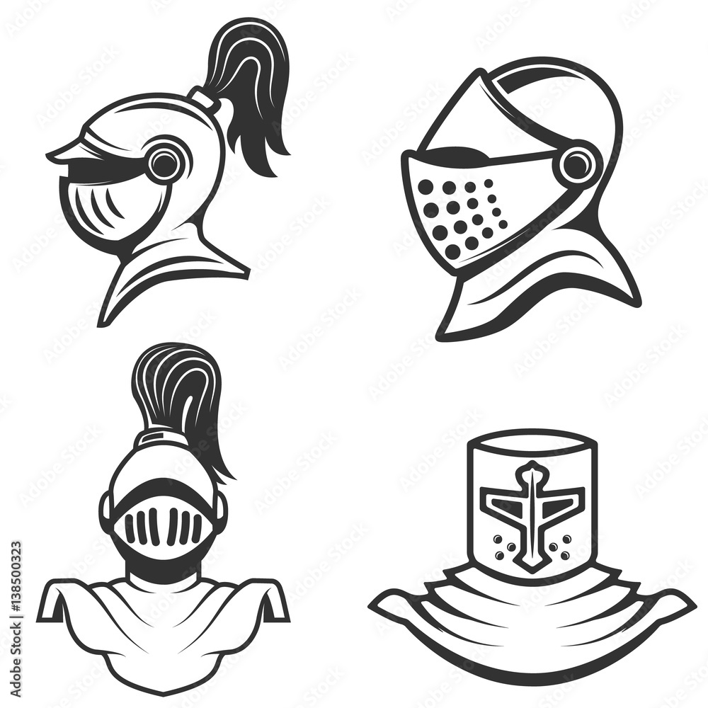 set of the knight helmets isolated on white background. Design elements for logo, label, emblem, sign, brand mark. Vector illustration