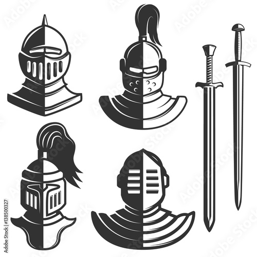 Knight emblems template with swords isolated on white background. Design element for logo, label, emblem, sign, brand mark. Vector illustration.