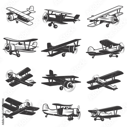 set of vintage airplanes icons. Aircraft illustrations. Design element for logo, label, emblem, sign. Vector illustration.