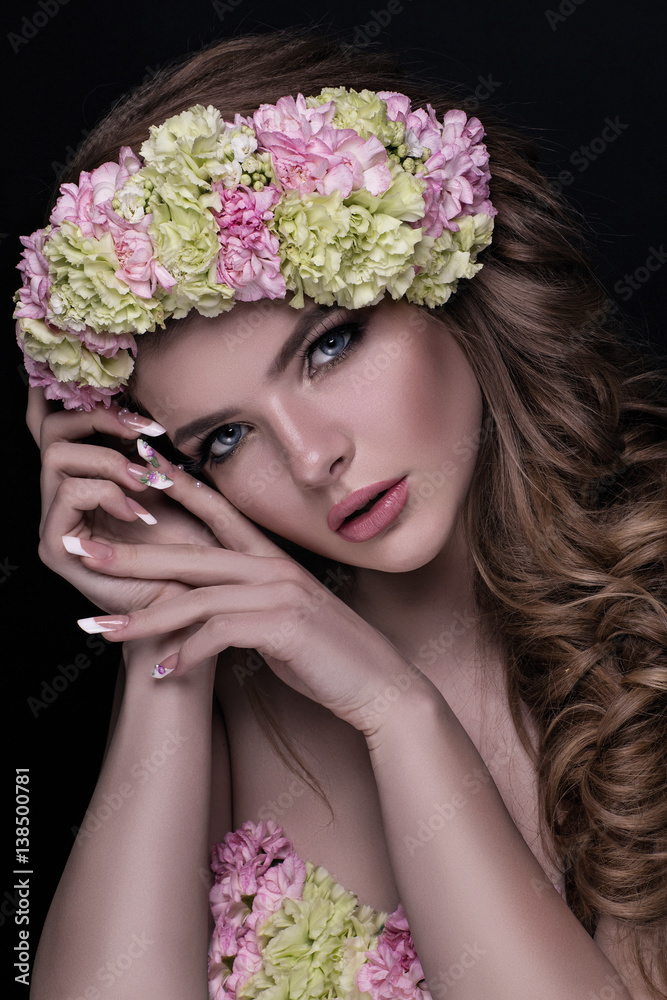 Naklejka premium Portrait of cute young girl with beautiful makeup . . Beauty clean skin . Photographed in studio on a white background. Light Tone .