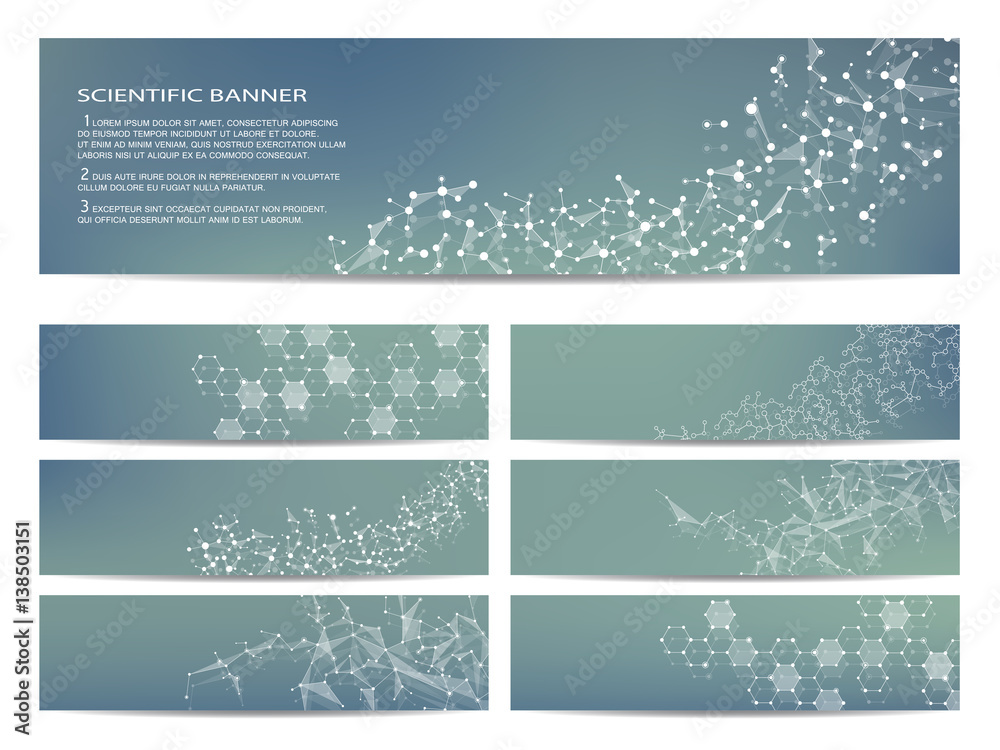 Set of modern scientific banners. Molecule structure DNA and neurons. Abstract background. Medicine, science, technology, business, website templates. Scalable vector graphics.