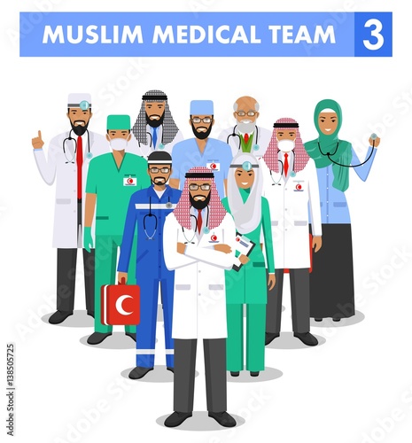 Medical concept. Detailed illustration of muslim arabian doctor and nurses in flat style isolated on white background. Practitioner arabic doctors man and woman standing. Vector illustration.
