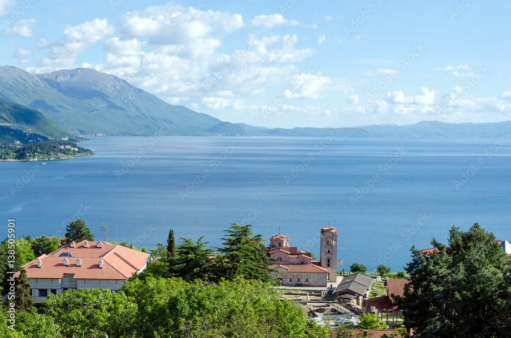 Panorama of lake Ohrid and Plaosnik church
