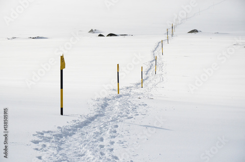 Mountain wintry landscape. The trail in the snow going into the distance