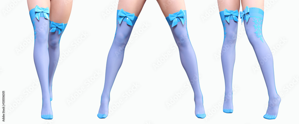 Set sexy slim female legs in nylon blue stockings. Silk butterfly.  Conceptual fashion art. Shiny stockings. Seductive candid pose.  Photorealistic 3D render illustration. Isolate. Studio, high key.  ilustração do Stock
