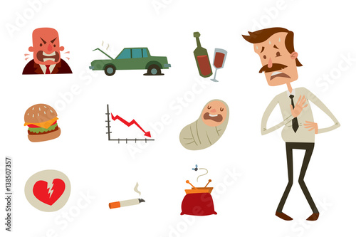 Businessman heart risk man heart attack stress infarct vector illustration smoking drinking alcohol harmful depression dizziness health problems
