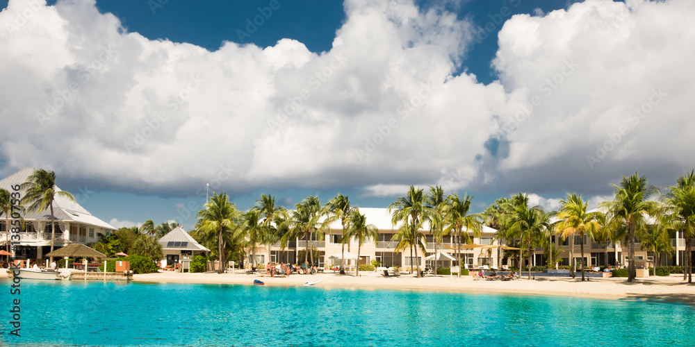 Fototapeta premium Panoramic View Of Kaibo Beach From The Caribbean Sea, Grand Cayman, Cayman Islands