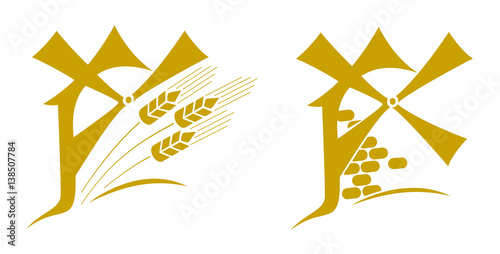 Windmill, logo, emblem with ears of wheat. Vector illustration