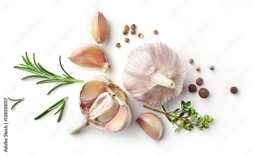 garlic and herbs on white background - obrazy, fototapety, plakaty 
