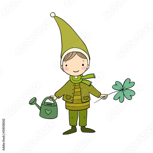 Cute little gnome with clover and watering. isolated objects on white background.