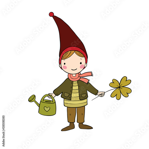 Cute little gnome with clover and watering. isolated objects on white background.