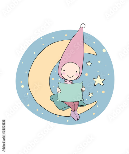 Cute gnome on the moon. Pillow and blanket. for children design.