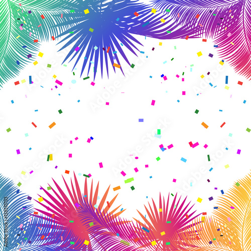 Frame for Carnival, Music Festival, Masquerade poster, invitation design. Design with confetti, colorful frame, multicolored exotic tropical border decoration.Vector