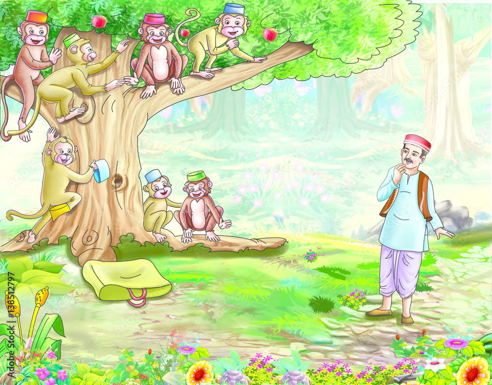 Cap seller and the Monkeys story Stock Illustration | Adobe Stock