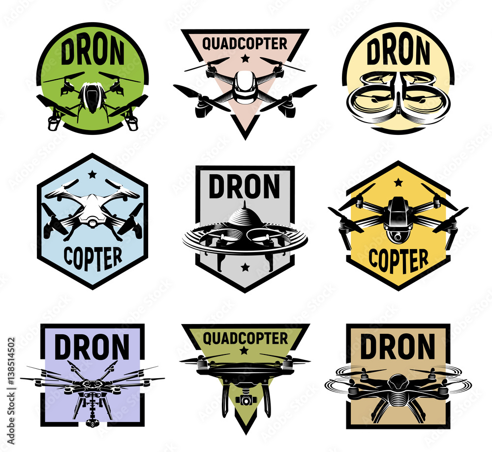 Isolated quadcopter icons in colorful frames, rc drone logos collection, fpv device logotype set vector illustration.