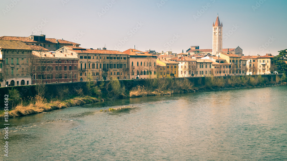 Typical houses on the banks of the Adige river in Verona.
