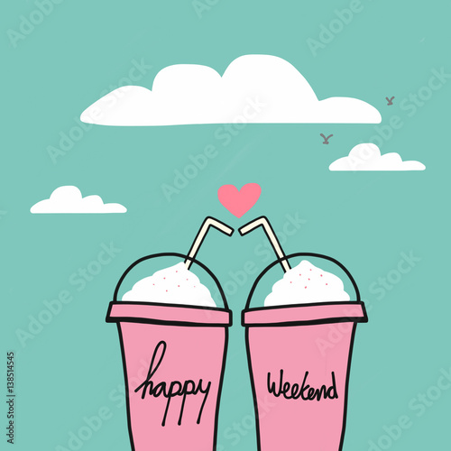 Obraz na plátně Happy weekend word on couple drink pink cups watercolor illustration on blue sky