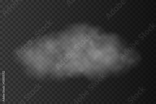 Realistic vector transparent cloud on dark background. Transparent gray steam, fog or smoke