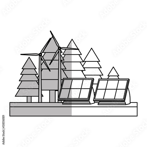 forest with solar panels and eolic turbines over white background. vector illustration