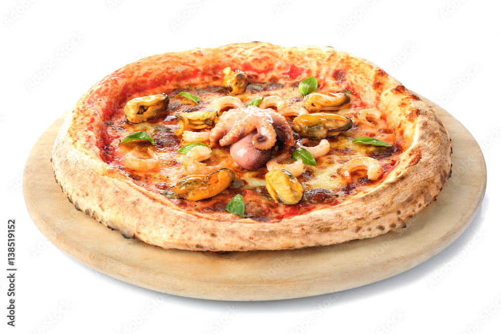 Delicious seafood pizza on wooden stand isolated on white