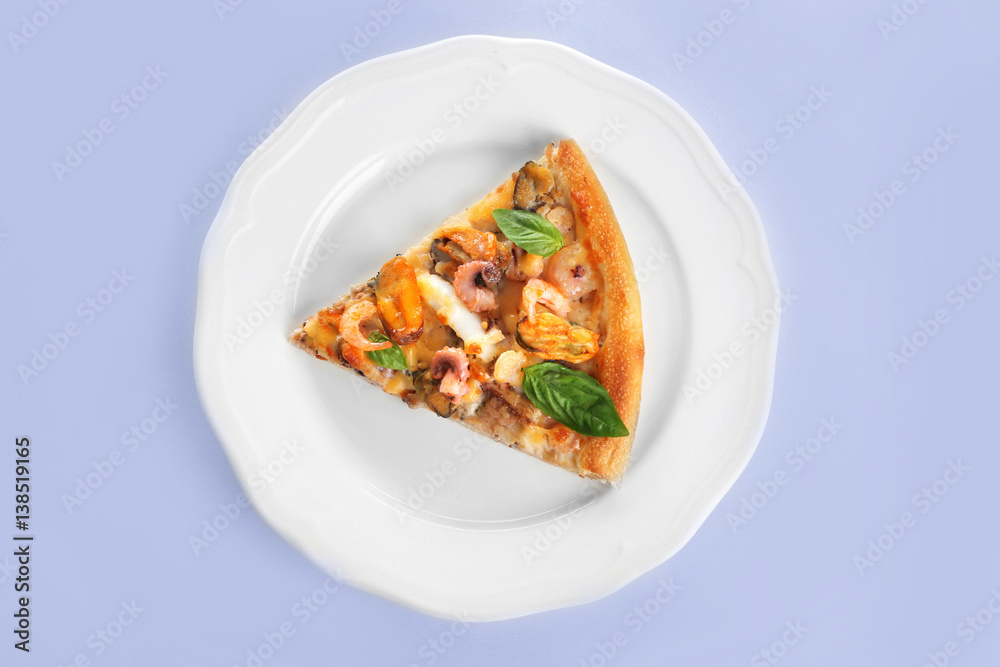 Delicious slice of seafood pizza on plate isolated on white Delicious slice of seafood pizza on plate isolated on white
