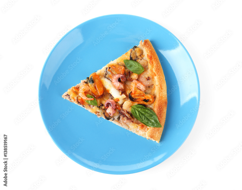 Delicious slice of seafood pizza on blue plate isolated on white