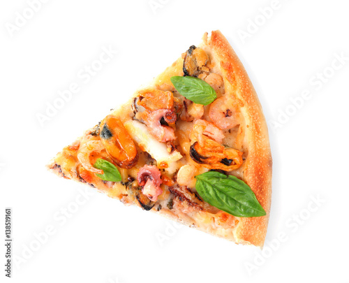 Delicious slice of seafood pizza isolated on white