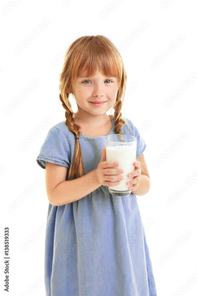 Portrait of little girl with glass of milk isolated on white Portrait of little girl with glass of milk isolated on white