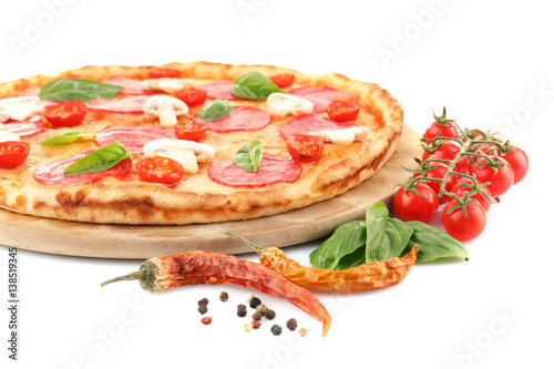 Pizza with salami and mushrooms isolated on white
