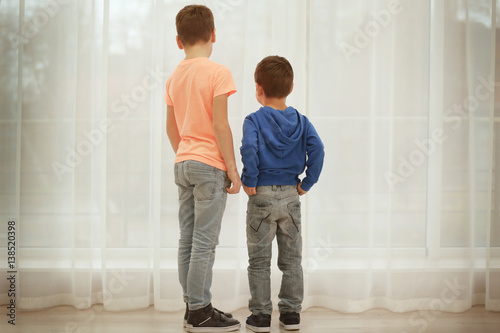 Little brothers standing together near window at home