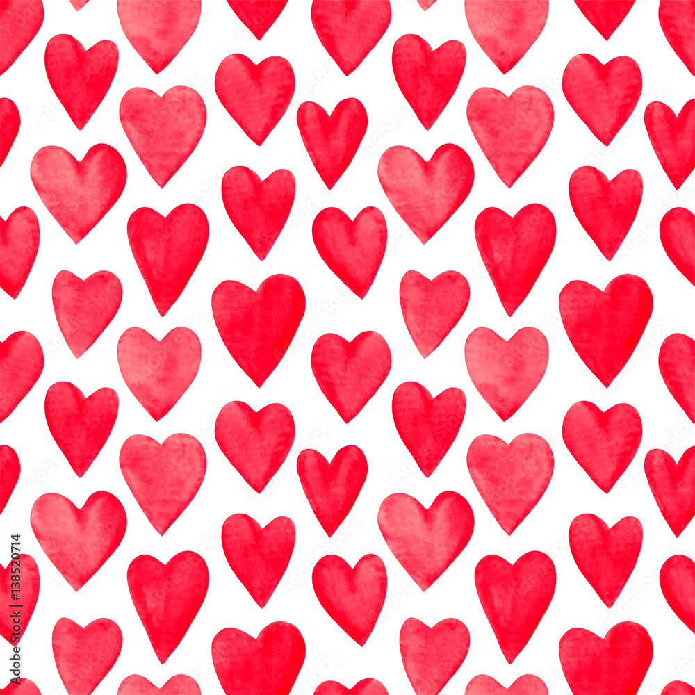 Beautiful Seamless pattern with red watercolor hearts.