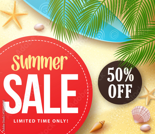 Summer sale with 50% off in red circle with palm leaves in the sand for summer seasonal marketing promotion banner. Vector illustration.
