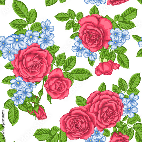 beautiful vintage seamless pattern with bouquets of roses and leaves. © Hulinska Yevheniia