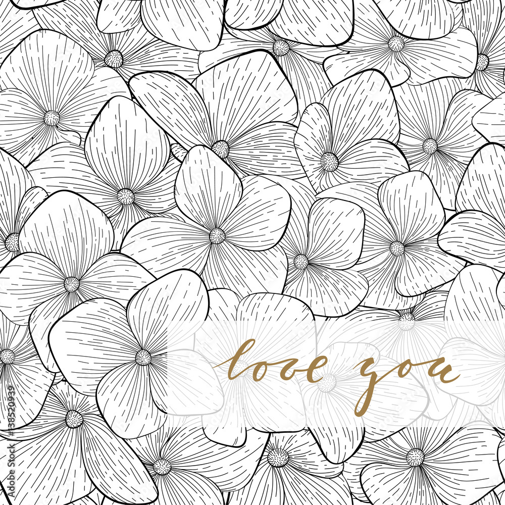 i love you. Hand drawn gold brush pen lettering on black and white floral pattern.