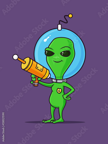 Green alien space warrior holding space laser gun vector cartoon illustration