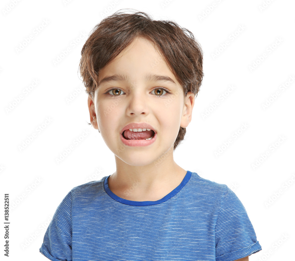 Little boy training pronounce letters on white background Little boy training pronounce letters on white background