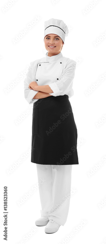 Portrait of young woman chef isolated on white background Portrait of young woman chef isolated on white background