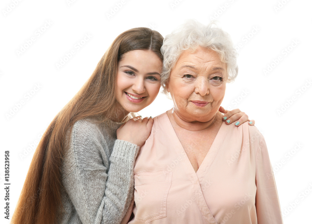 Beautiful girl with grandmother on white background Beautiful girl with grandmother on white background