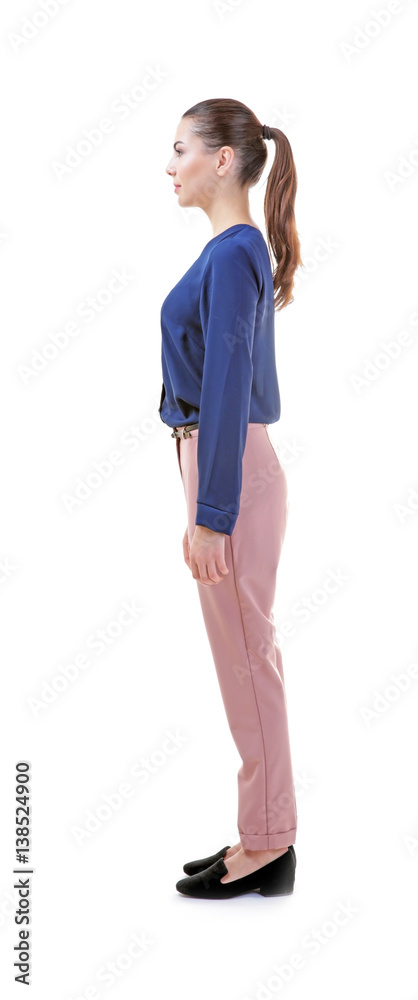 Incorrect posture concept. Young woman isolated on white Incorrect posture concept. Young woman isolated on white