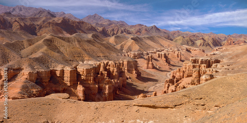 Charyn Canyon Kazakhstan. Nature reserve. Guarded territory. Natural Park. Beautiful mountain landscape. Bizarre rocks and slopes.