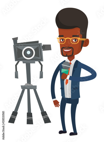 TV reporter with microphone and camera.
