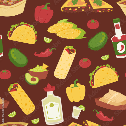 Mexican traditional food with meat seamless pattern