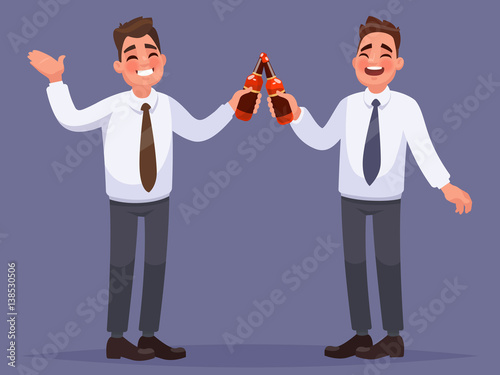 Office workers have a rest and drink a beer. Corporate party. Vector illustration