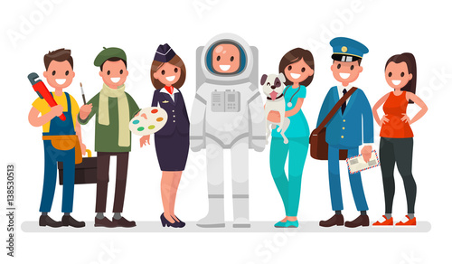 Set of people of different occupations plumber, painter, stewardess, astronaut