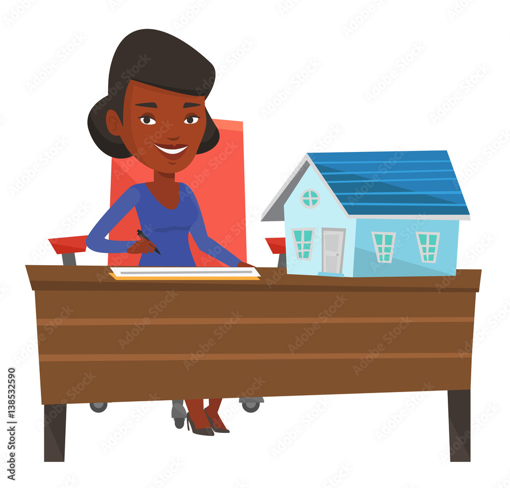 Real estate agent signing home purchase contract. Real estate agent signing home purchase contract.