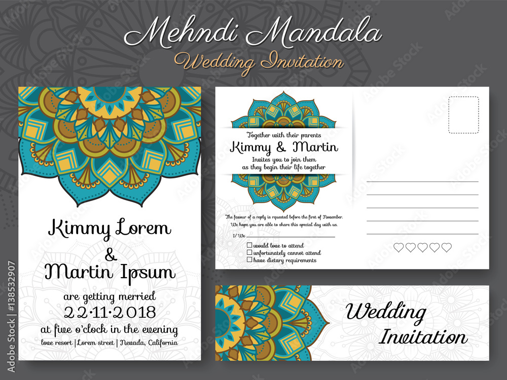 Classic vintage wedding invitation card design with beautiful Mandala flower, suitable for both traditional and modern trend. Save the date and RSVP postcard template.Vector illustration