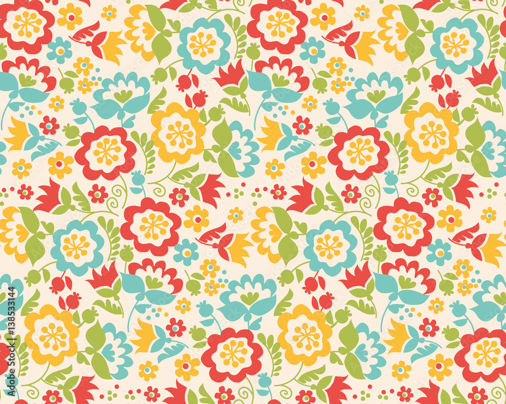 Retro style summer flower seamless pattern in pastel color. Floral folk style simple design for greeting cards, fabrick, background, wrapping paper. Stylish floral card in bright colors.