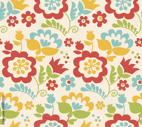 Retro style summer flower seamless pattern in pastel color. Floral folk style simple design for greeting cards  fabrick  background  wrapping paper. Stylish floral card in bright colors.